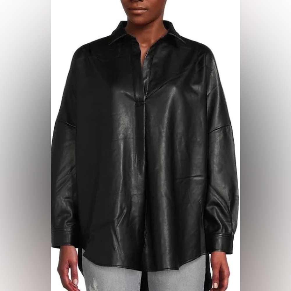 French Connection Black Faux Leather Shirt Jacket Shacket Oversized M NEW $118